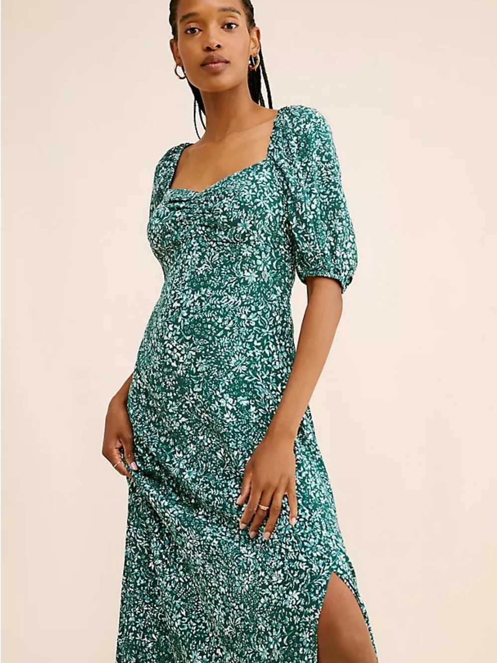 Madewell Puff-Sleeve Sweetheart Floral Midi Dress in Green Teal